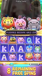 Plushie Frenzy · Navigasi panel taruhan dan tombol putar pada antarmuka bawah.